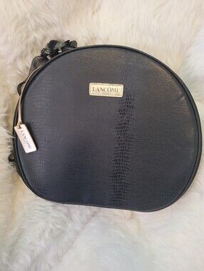 Lancome Black Round Lizard-Texture Cosmetic Case with Gold Accent